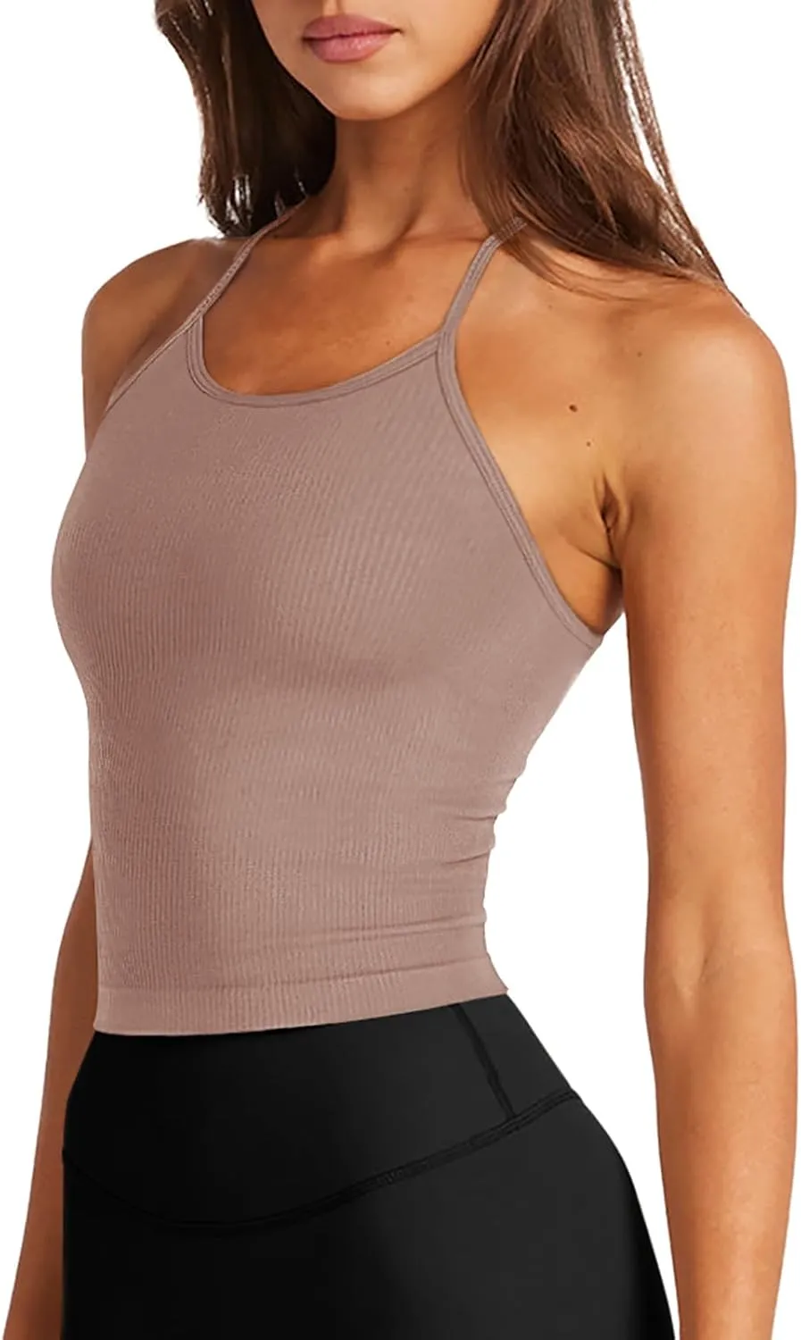 LASLULU Womens Sports Bra Seamless Long Crop Tank Racer Back Spaghetti Strap Workout Yoga Bra Padded Halter Neck Casual Tops