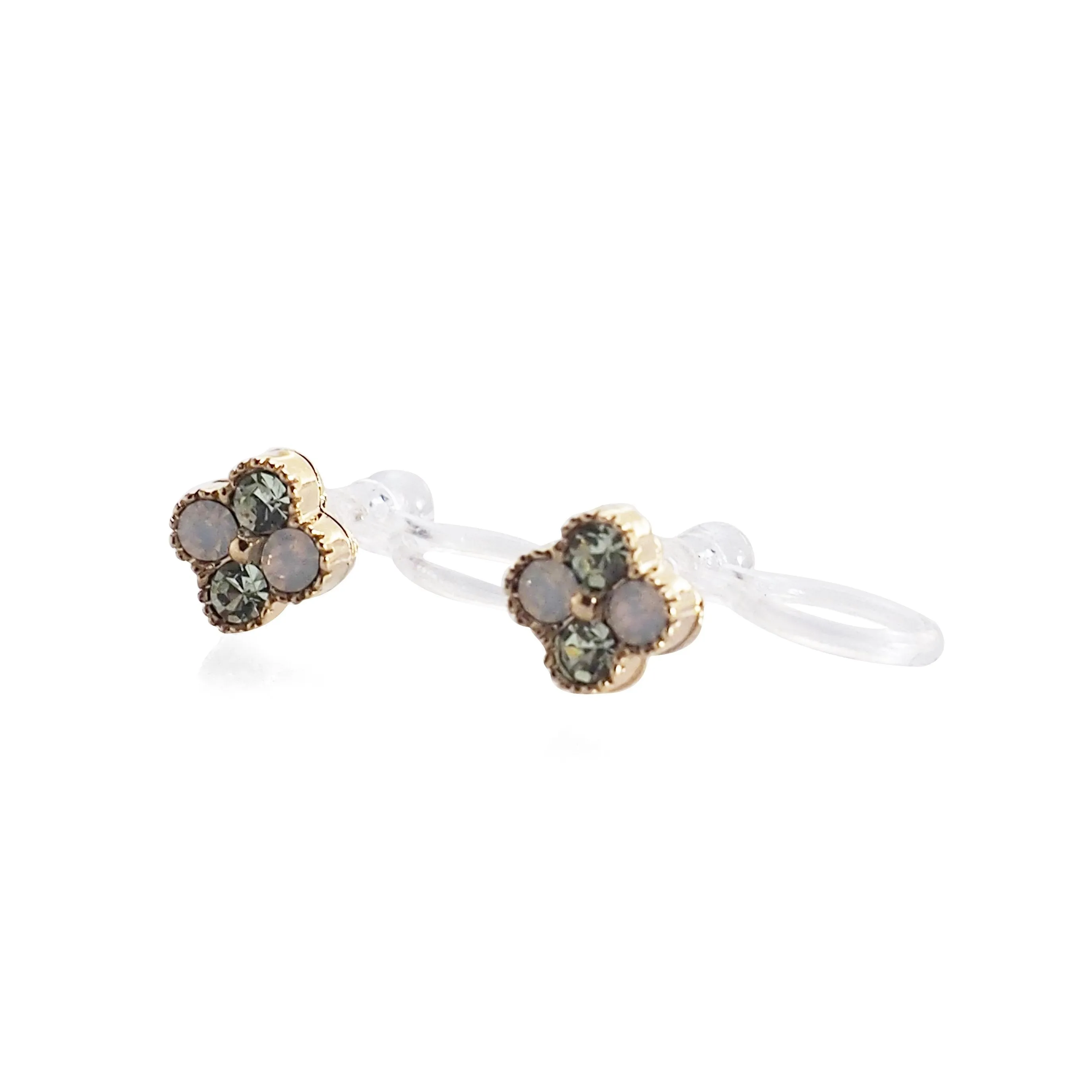 Light Green Flower Rhinestone Invisible Clip On Stud Earrings