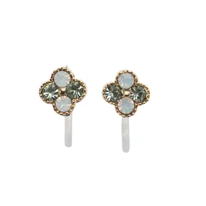 Light Green Flower Rhinestone Invisible Clip On Stud Earrings