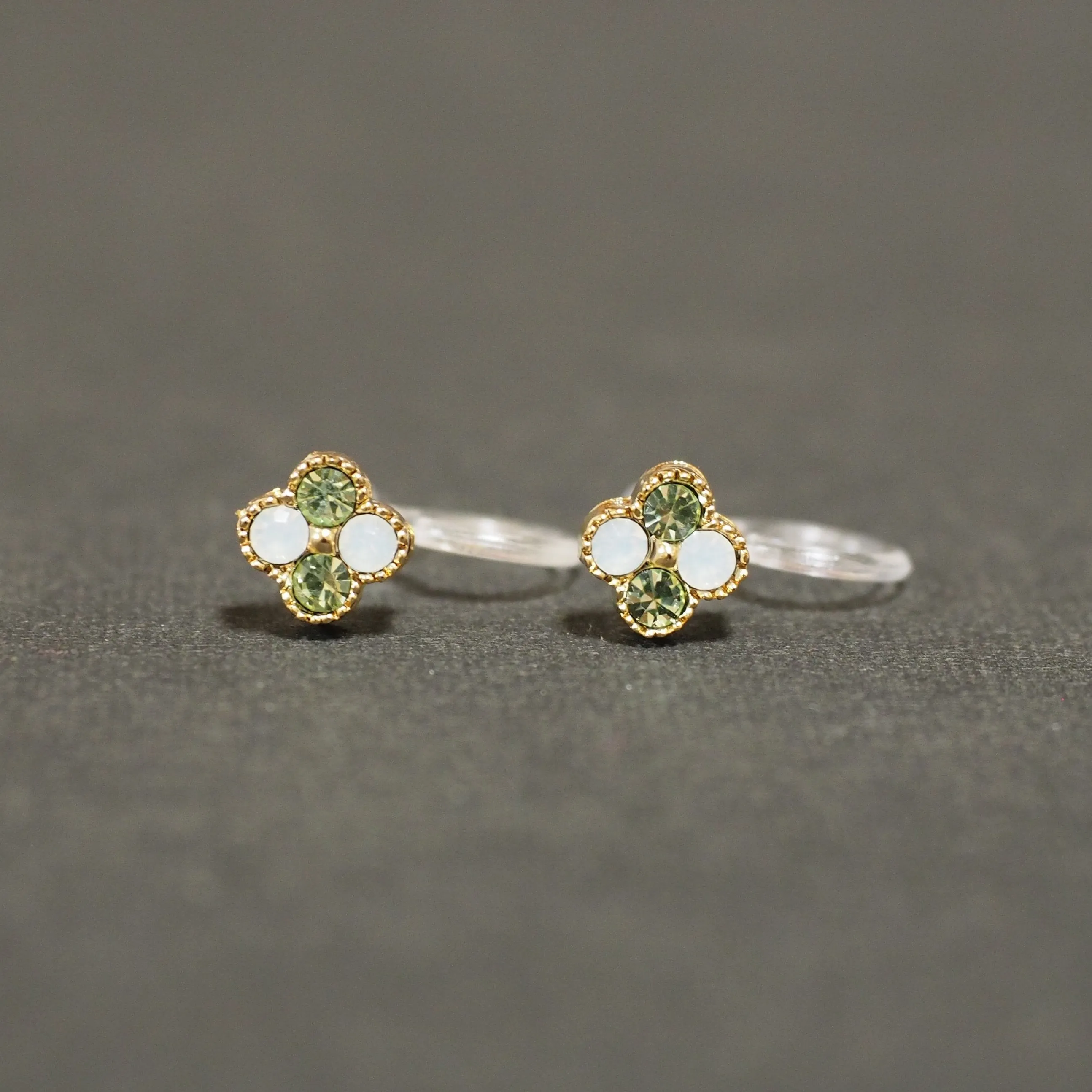 Light Green Flower Rhinestone Invisible Clip On Stud Earrings