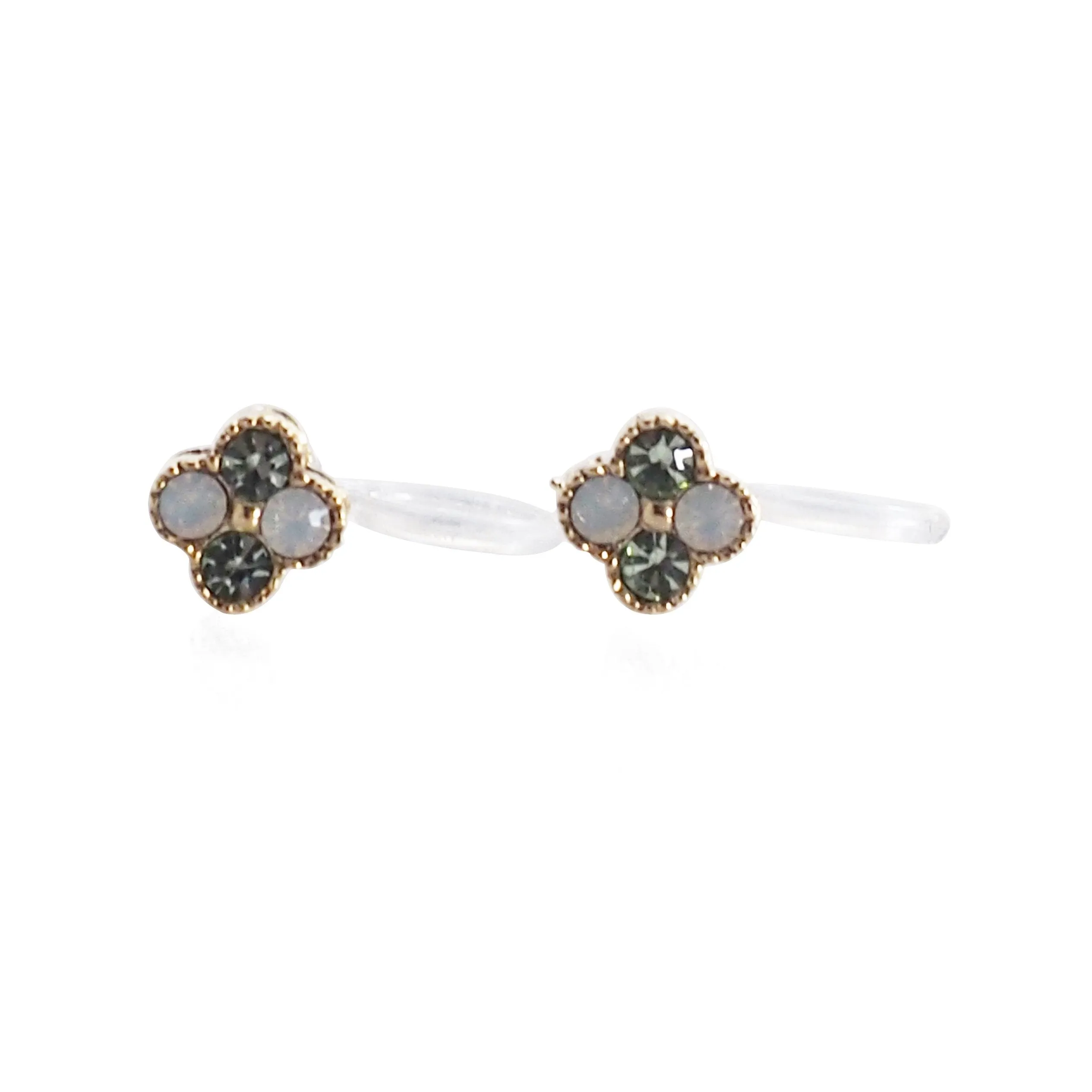 Light Green Flower Rhinestone Invisible Clip On Stud Earrings