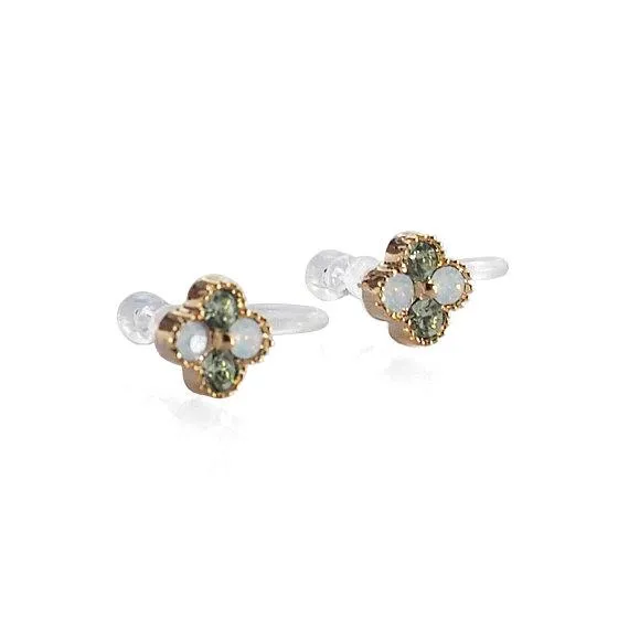 Light Green Flower Rhinestone Invisible Clip On Stud Earrings