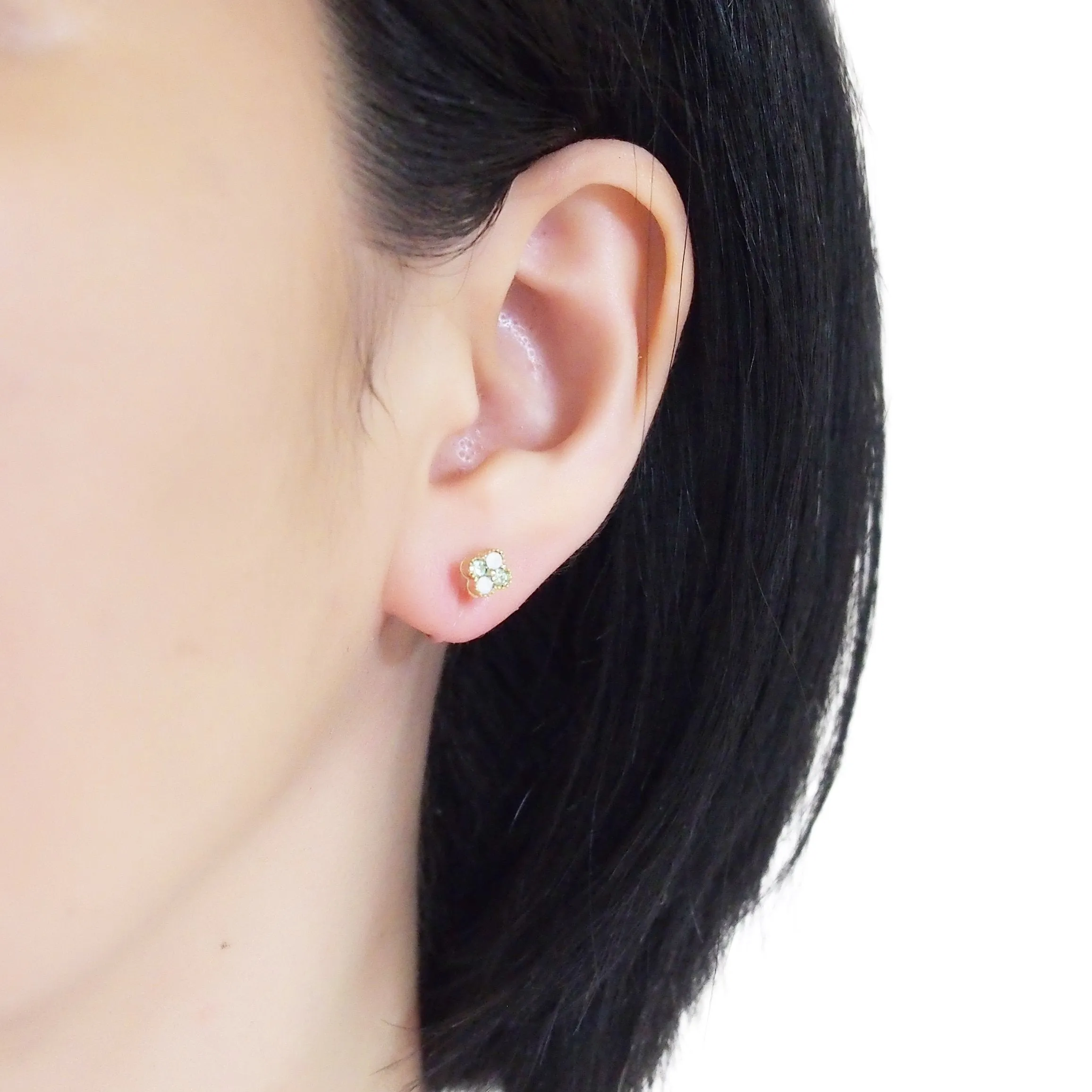 Light Green Flower Rhinestone Invisible Clip On Stud Earrings