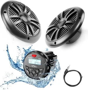 Marine Audio System Stereo Speaker Package, Bluetooth, MP3 USB AM FM Marine Stereo - 2 x 6.5 Inch Black Speakers, Antenna