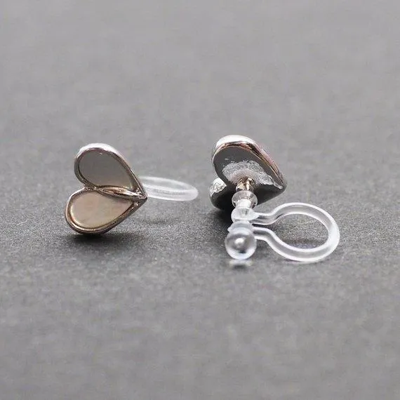 Mother Of Pearl Heart Invisible Clip On Stud Earrings (Silver tone)