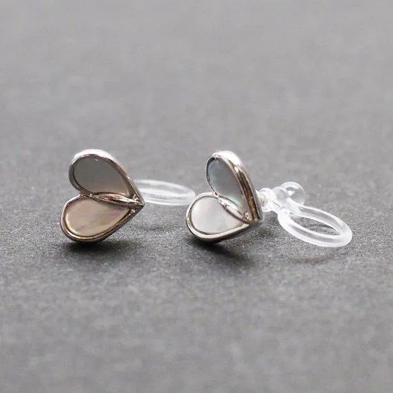 Mother Of Pearl Heart Invisible Clip On Stud Earrings (Silver tone)