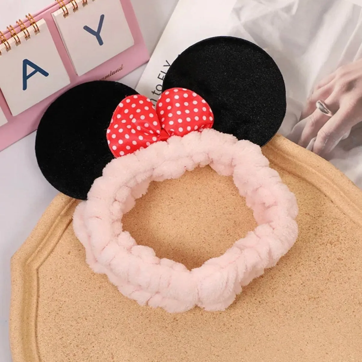 Mouse Ears Facial Spa Headbands, Coral Fleece Wash Face Hair Band, Velvet Bow Shower Hair Band for Girls Women Make up Hair Accessories