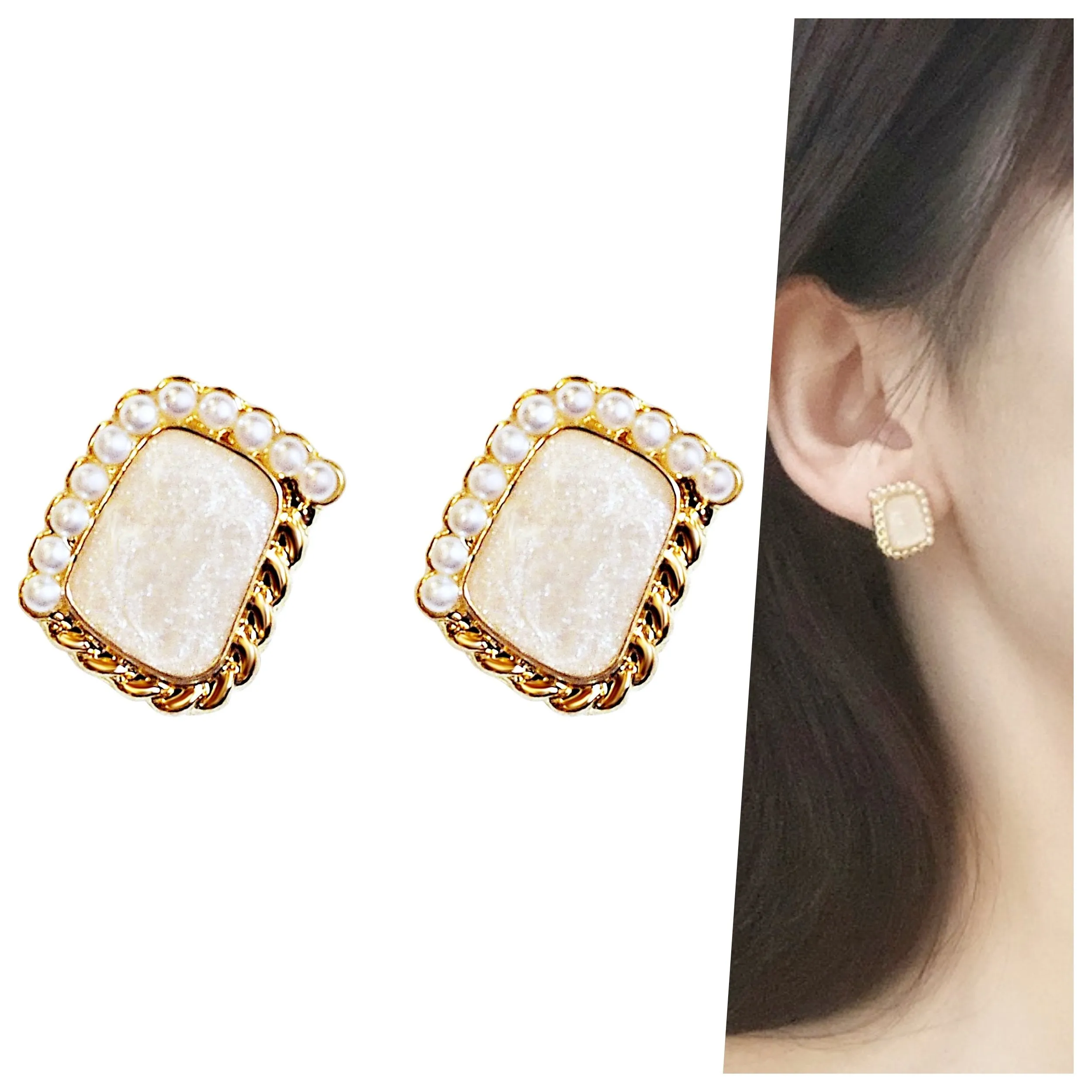 Organic Shaled Square White Pearl Crystal Rhienstone Invisible Clip On Earrings