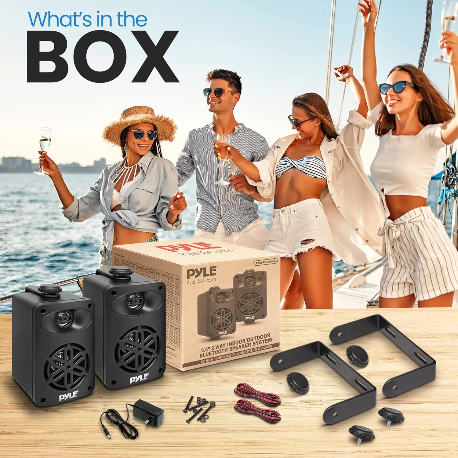 PyleUsa Bluetooth Indoor Outdoor Speakers Pair - 200 Watt Dual Waterproof 3.5 2-Way Full Range Speaker System w/ 1/2 High Compliance Polymer Tweeter - Home, Boat, Patio, Poolside - PDWRBT36BK,Black
