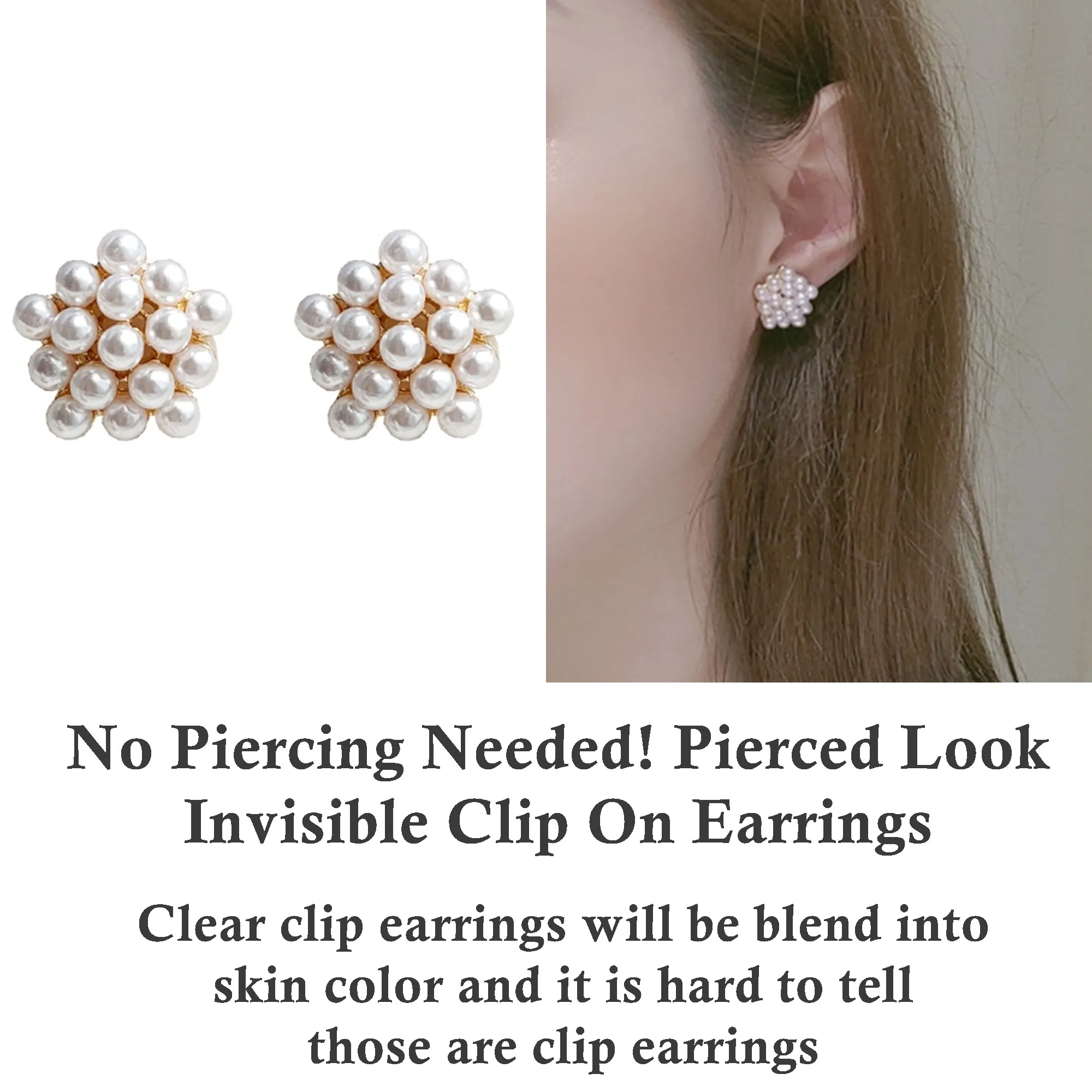 Round White Pearl Invisible Clip On Stud Earrings