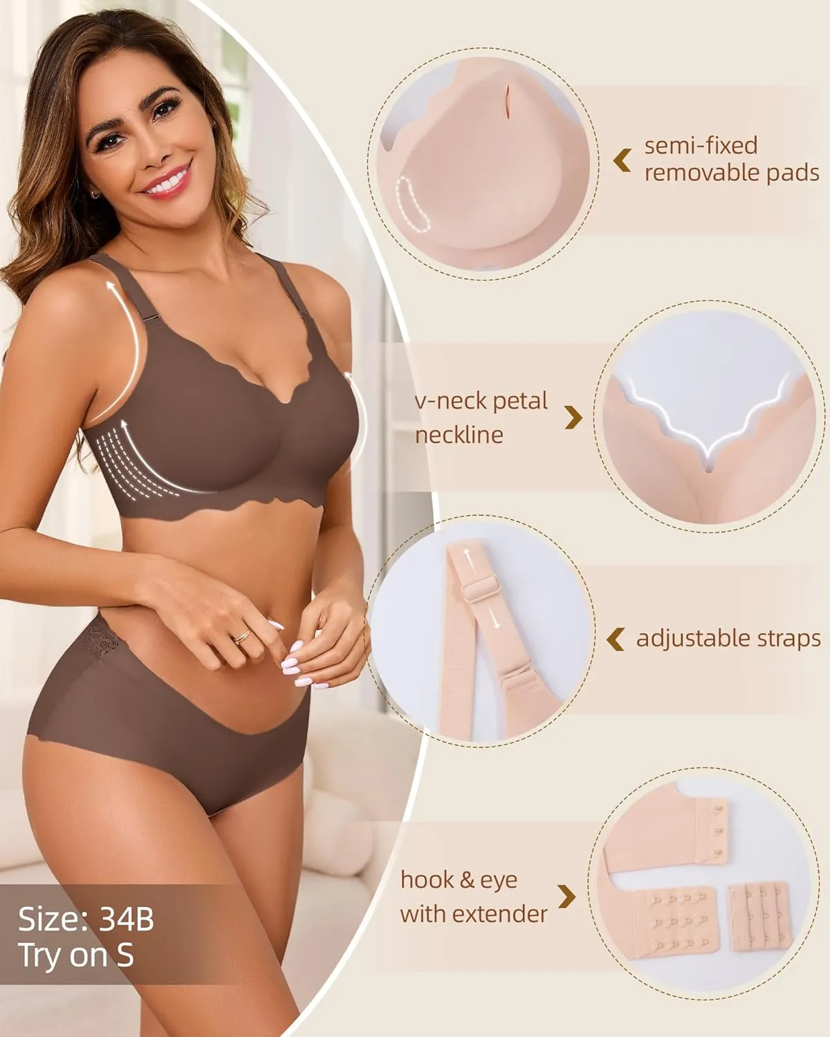 Seamless Bras for Women No Underwire Push Up Bra Full Coverage V-Neck Wirefree Bralettes Soft T-Shirt Bra Everyday Bra