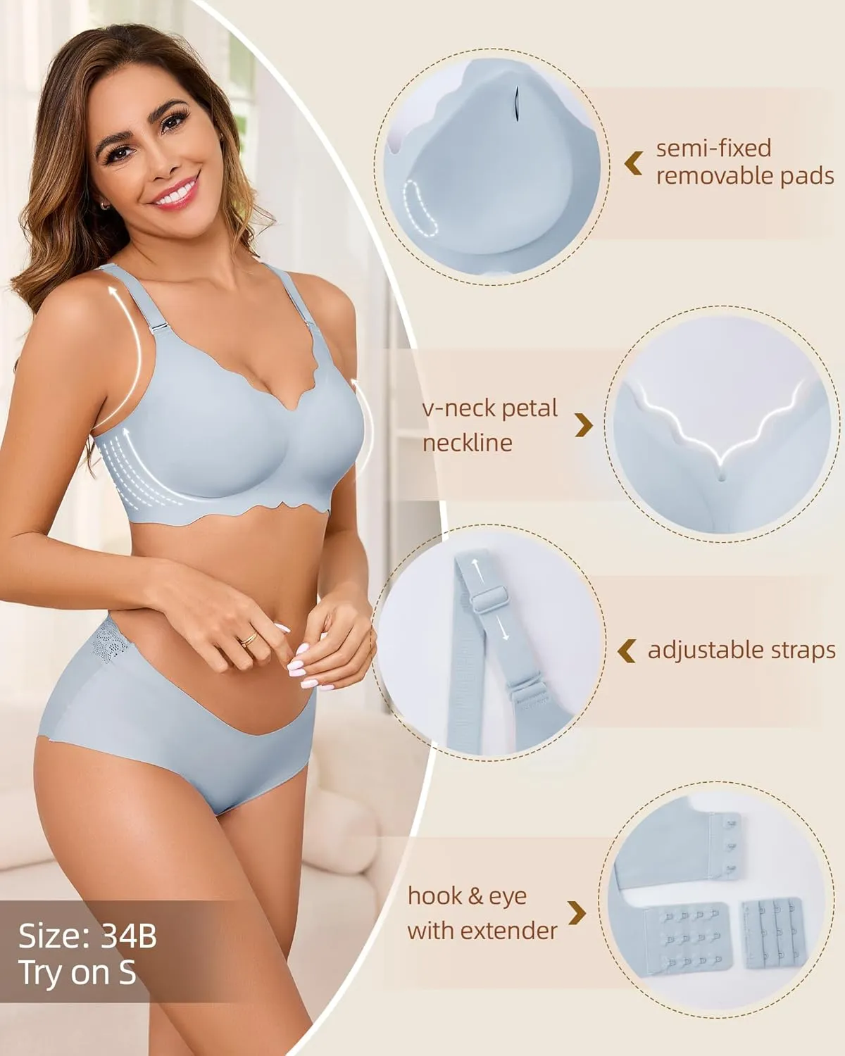 Seamless Bras for Women No Underwire Push Up Bra Full Coverage V-Neck Wirefree Bralettes Soft T-Shirt Bra Everyday Bra