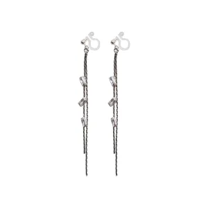 Silver chain rhinestone crystal dangle invisible clip on earrings