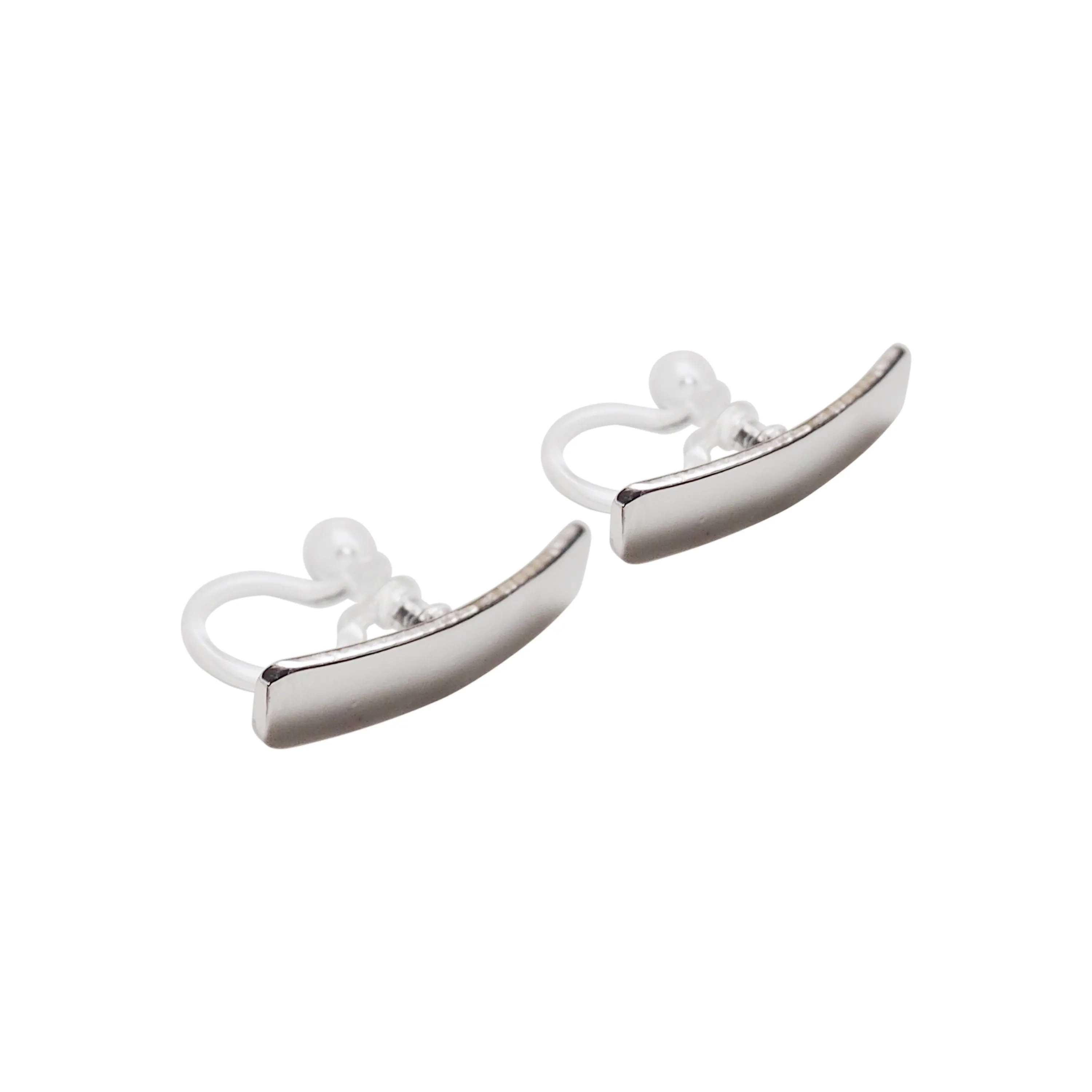 Silver Curved Short Bar Invisible Clip On Stud Earrings