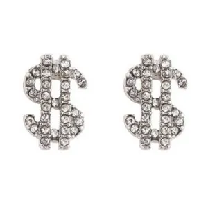 Small Silver $ Dollar Mark Crystal Rhinestone Invisible Clip On Stud Earrings