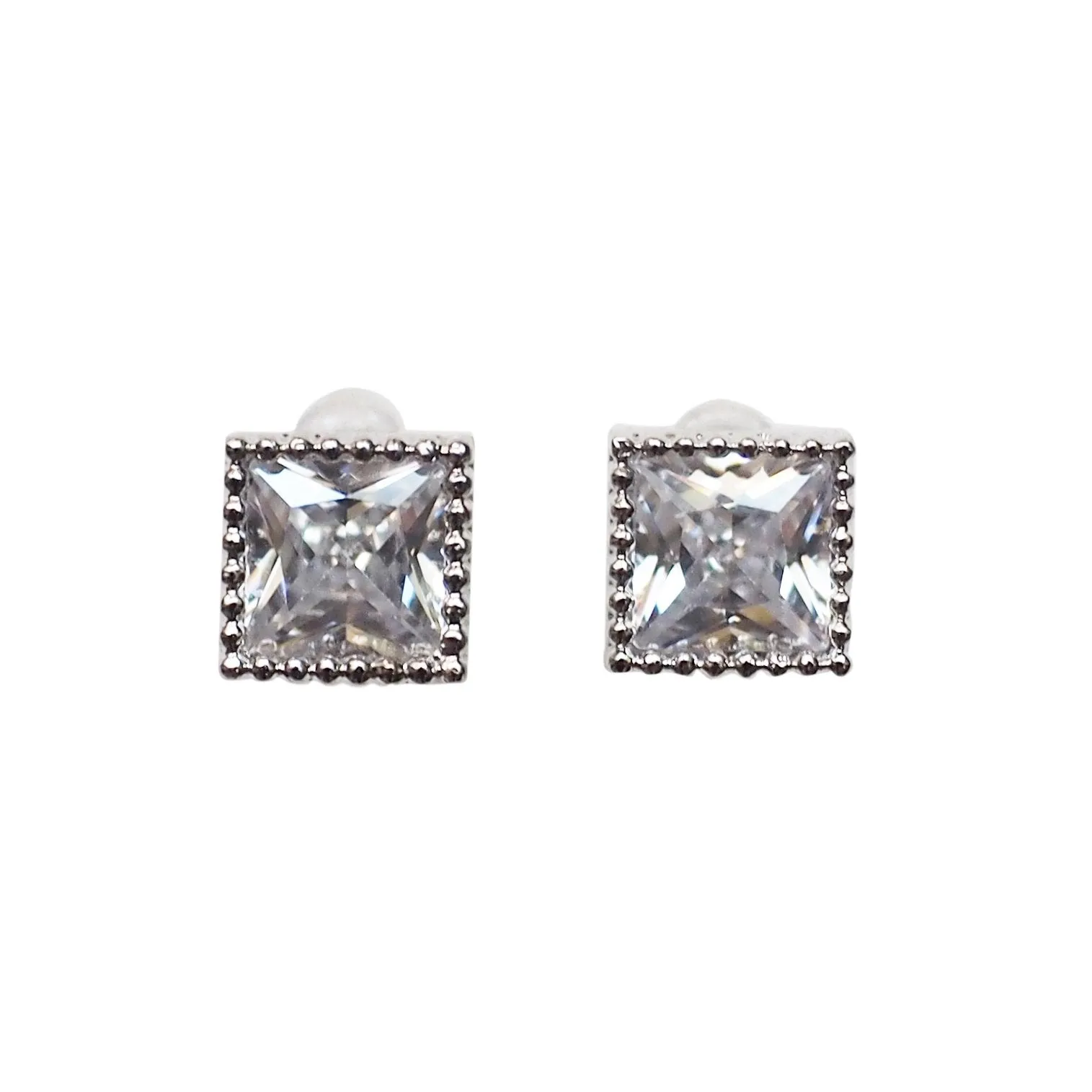 Square Cubic Zirconia Crystal Invisible Clip On Stud Earrings ( Silver tone )