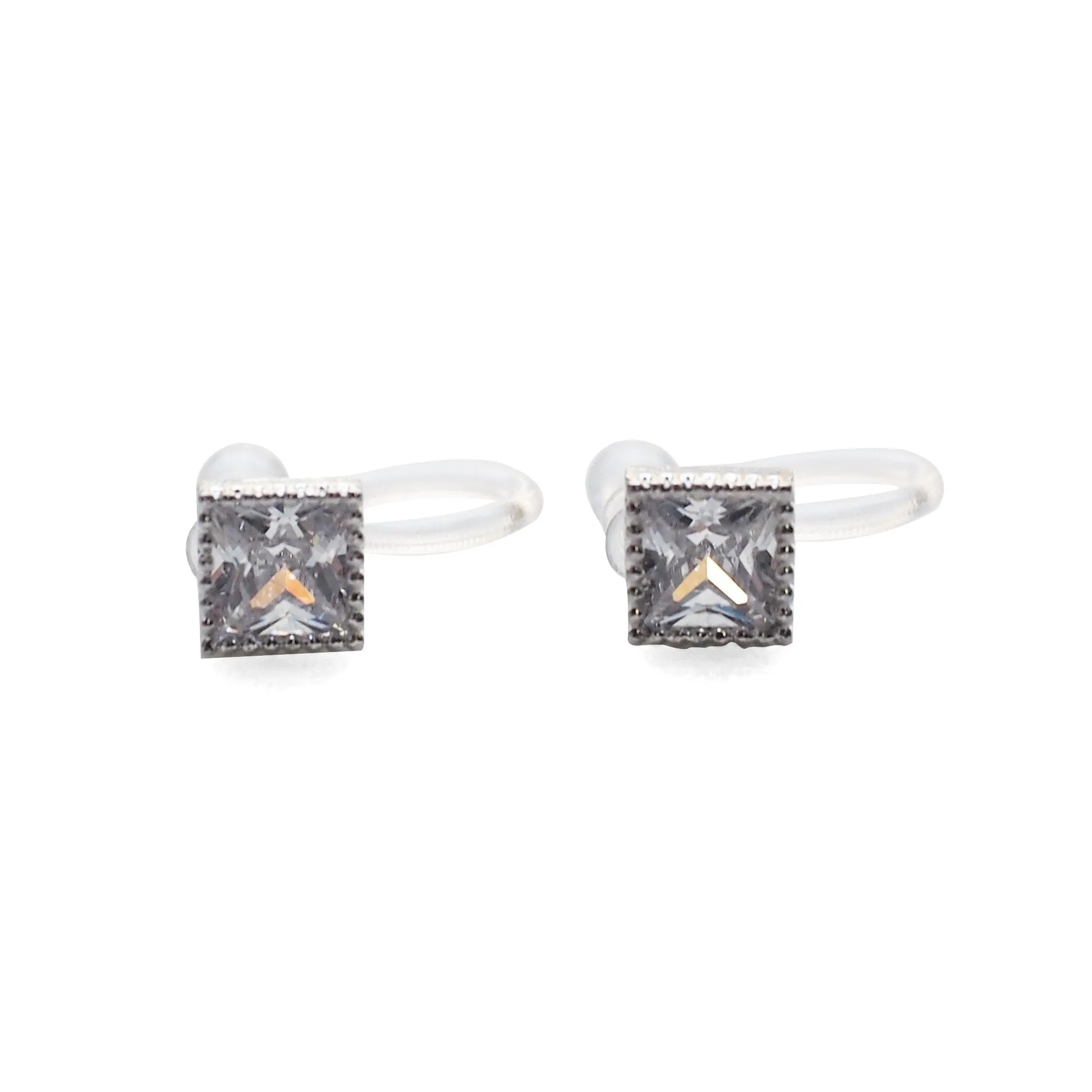 Square Cubic Zirconia Crystal Invisible Clip On Stud Earrings ( Silver tone )