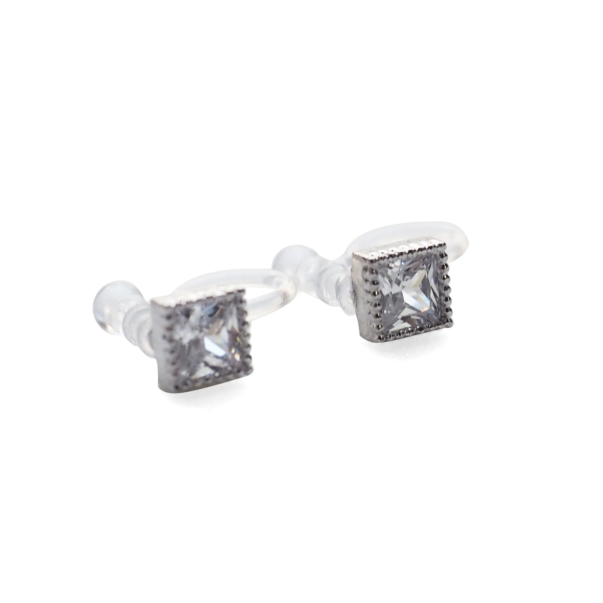 Square Cubic Zirconia Crystal Invisible Clip On Stud Earrings ( Silver tone )