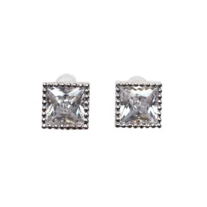 Square Cubic Zirconia Crystal Invisible Clip On Stud Earrings ( Silver tone )