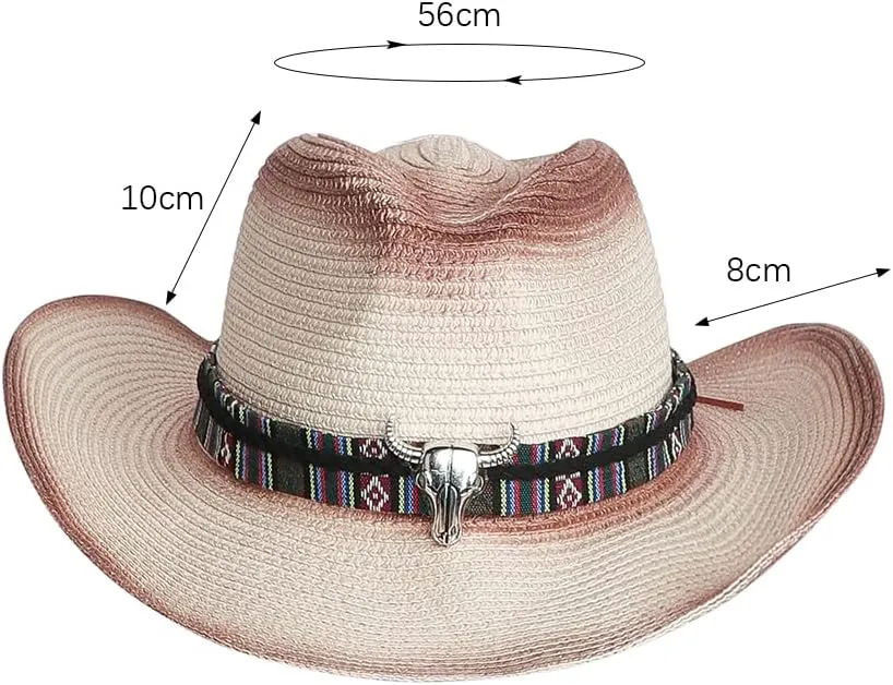 Straw Cowboy Sun Hat for Men Women Cowgirl Summer Fedora Beach Panama Western Cap UPF 50  Shapeable Brim Cap with Bull Belt