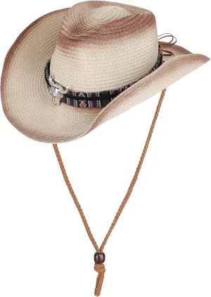 Straw Cowboy Sun Hat for Men Women Cowgirl Summer Fedora Beach Panama Western Cap UPF 50  Shapeable Brim Cap with Bull Belt