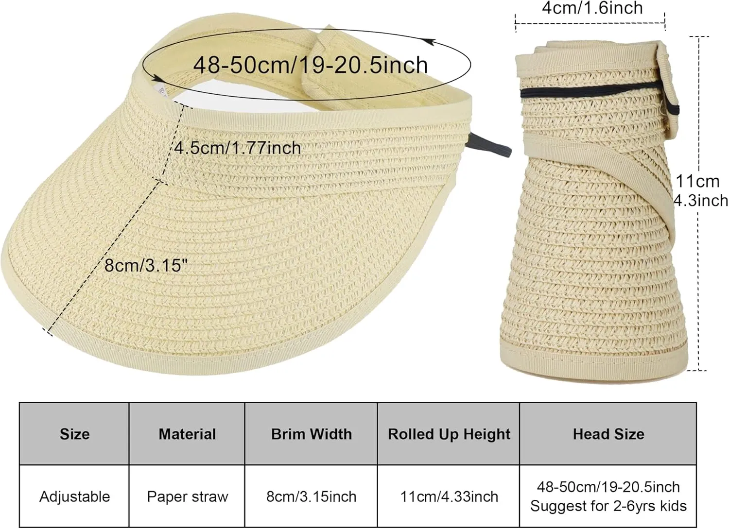 Straw Sun-Visor-Hats for Kids, Summer Straw Beach Hat Cap for Toddlers (20.5" for 2-6T)