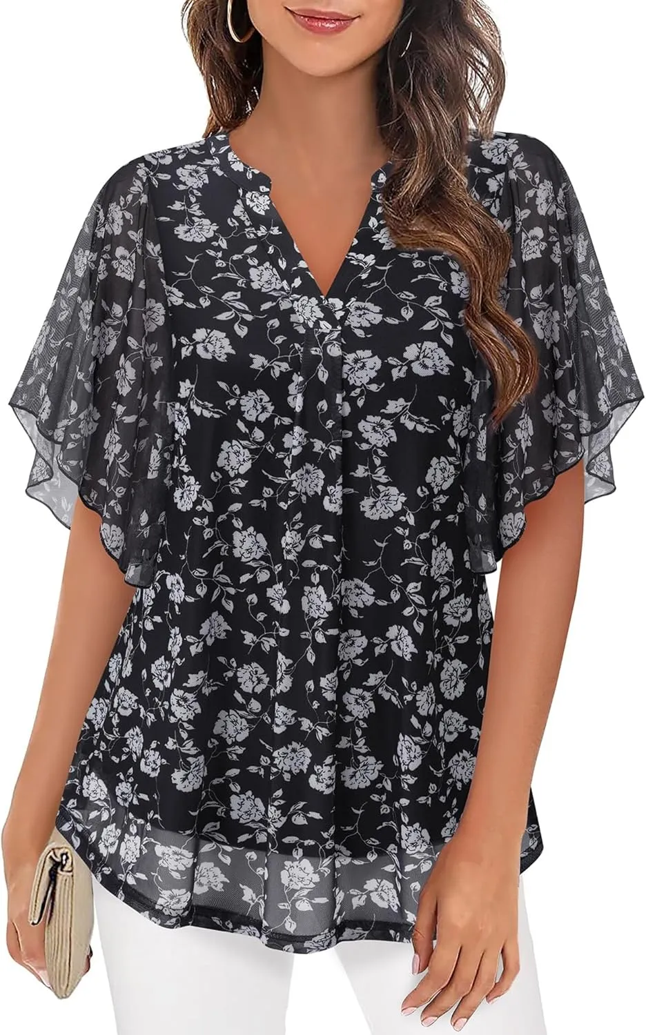 Timeson Women's Short Sleeve V Neck Blouses Shirts Floral Double Layers Mesh Tunics Tops