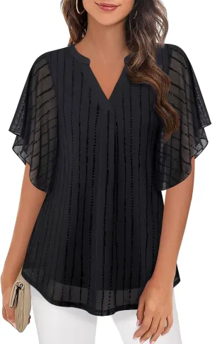 Timeson Women's Short Sleeve V Neck Blouses Shirts Floral Double Layers Mesh Tunics Tops