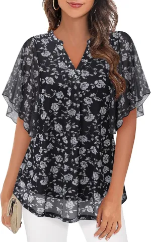 Timeson Women's Short Sleeve V Neck Blouses Shirts Floral Double Layers Mesh Tunics Tops