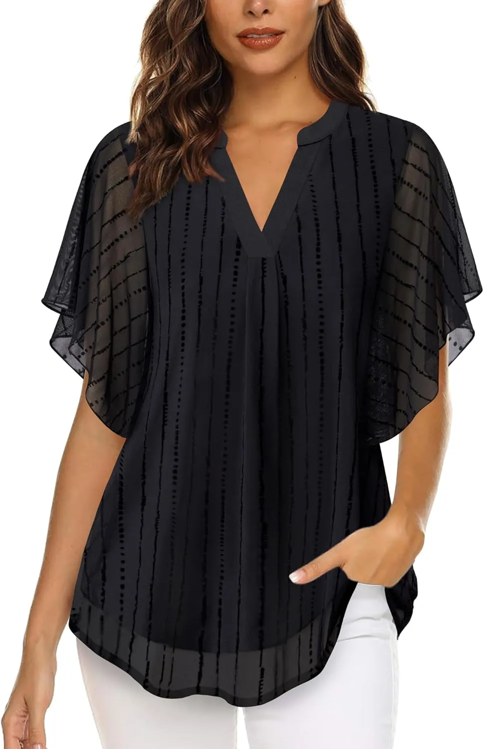 Timeson Women's Short Sleeve V Neck Blouses Shirts Floral Double Layers Mesh Tunics Tops