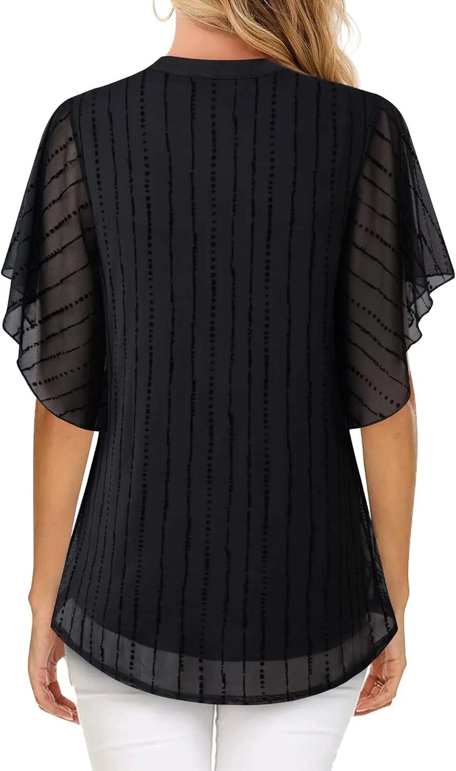 Timeson Women's Short Sleeve V Neck Blouses Shirts Floral Double Layers Mesh Tunics Tops