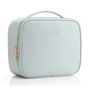 Vlando Travel Makeup Bag Faux Leather Large Make Up Bag Makeup Organzier Bag for Women with Adjustable Dividers for Makeup Brushes Travel Accessories (Blue)