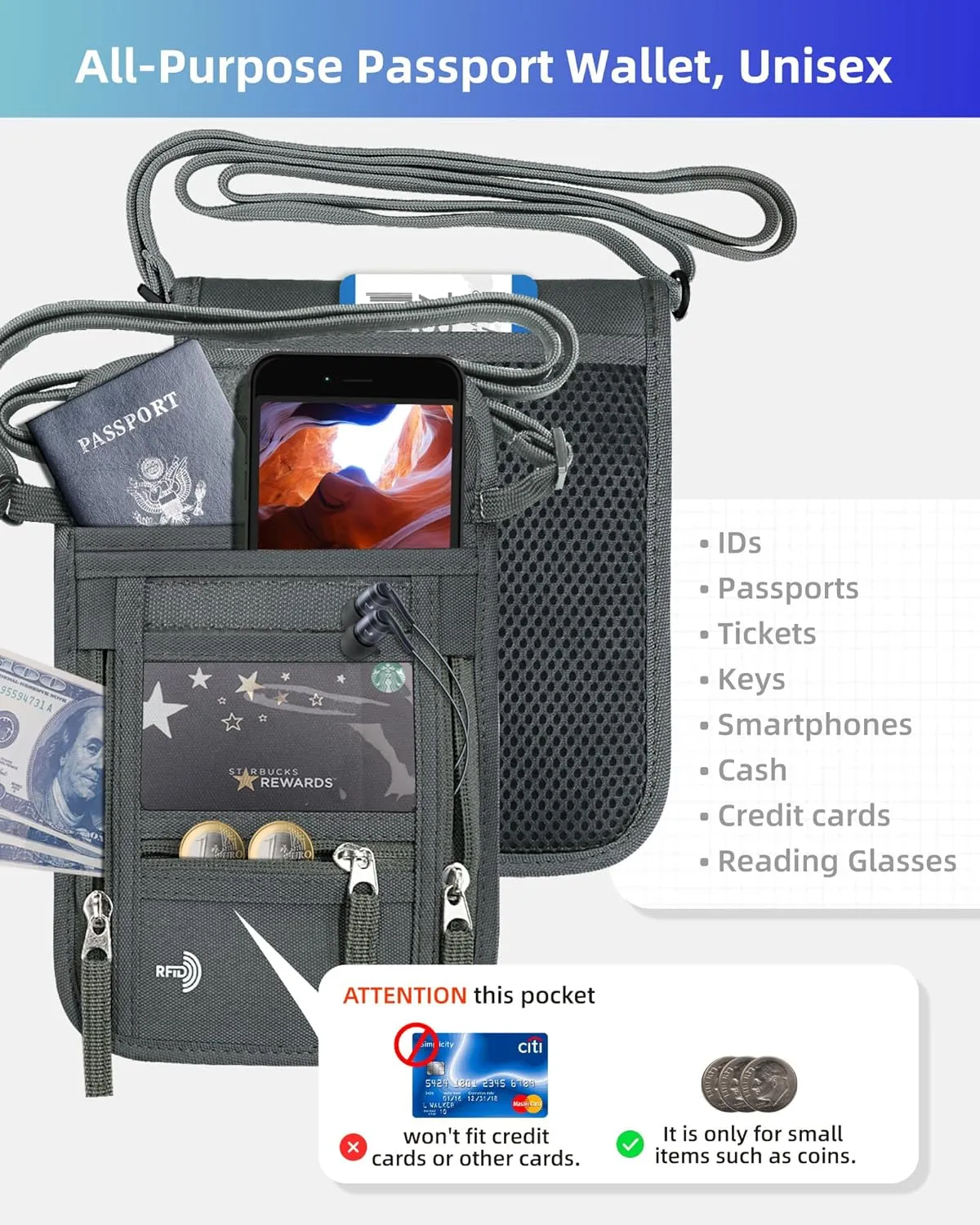 WALNEW Passport Holder Neck Pouch Travel Wallet for Women and Men, RFID Blocking Security Slim Traveling Wallet with Around Neck Lanyard Strap