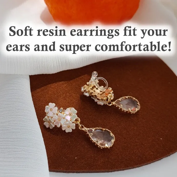 White Flower Dangle Teardrop Clear Crystal Invisible Clip On Stud Earrings