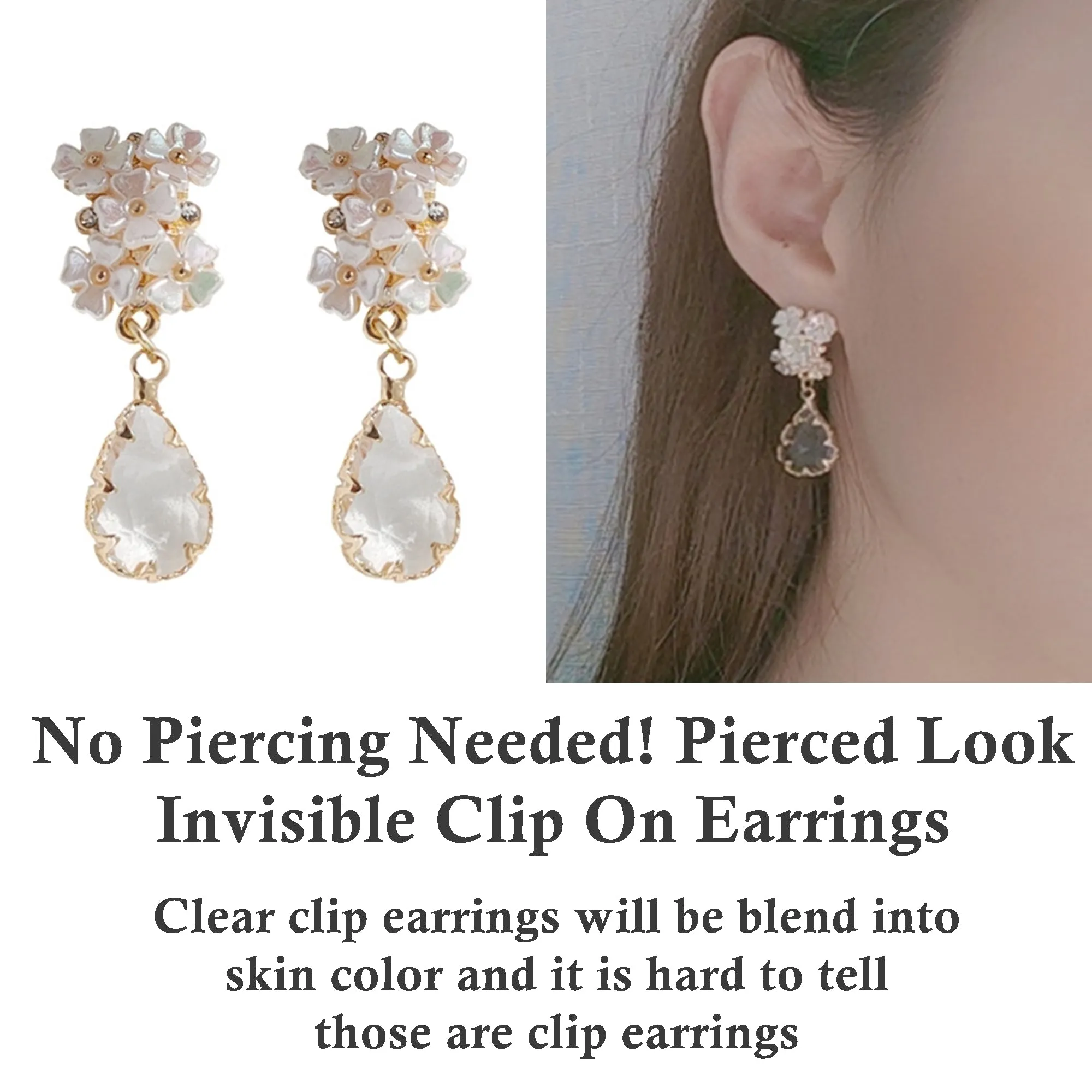 White Flower Dangle Teardrop Clear Crystal Invisible Clip On Stud Earrings