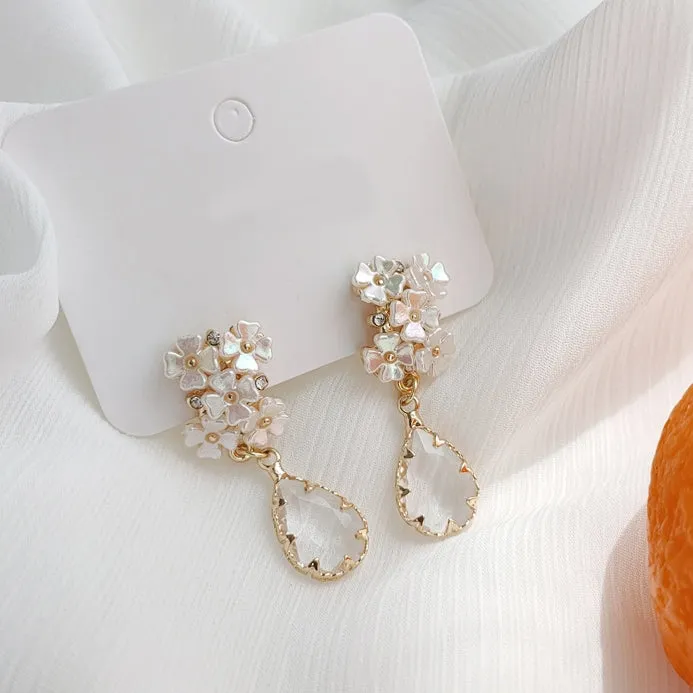White Flower Dangle Teardrop Clear Crystal Invisible Clip On Stud Earrings