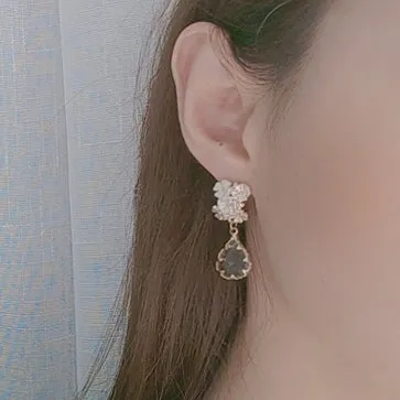 White Flower Dangle Teardrop Clear Crystal Invisible Clip On Stud Earrings
