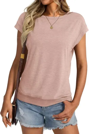 Womens Crewneck Cap Sleeve T Shirts Banded Bottom Top Loose Fit Short Sleeves Tee Casual Summer Basic Tops 2025