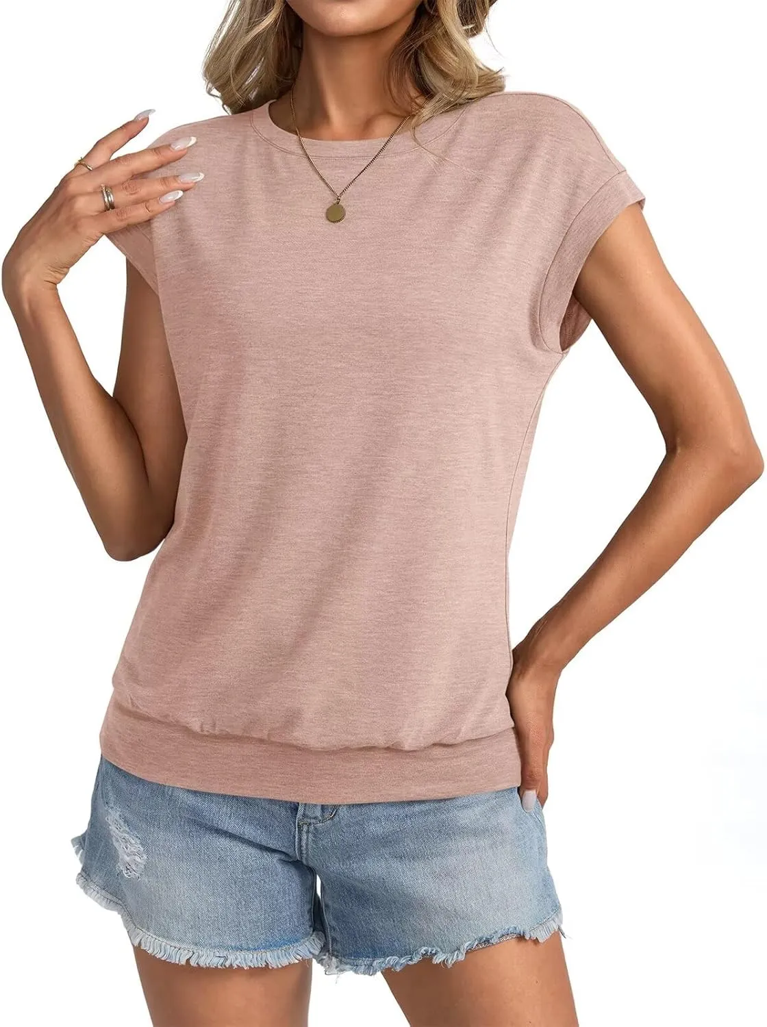 Womens Crewneck Cap Sleeve T Shirts Banded Bottom Top Loose Fit Short Sleeves Tee Casual Summer Basic Tops 2025